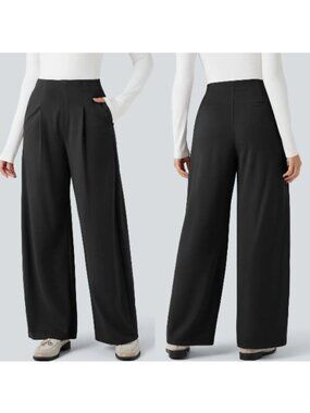 Halara Wide Leg Barrel Pants Sz M Black High Waisted Minimalist Work Trousers